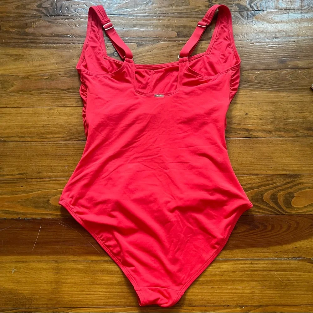 Anne Cole Ruched One-Piece‎ Swimsuit in Red Square Neckline Adjustable Small